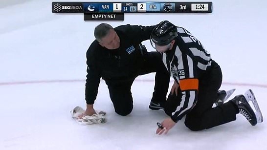 NHL referee goes tumbling to the ice after getting hit in the groin with the puck